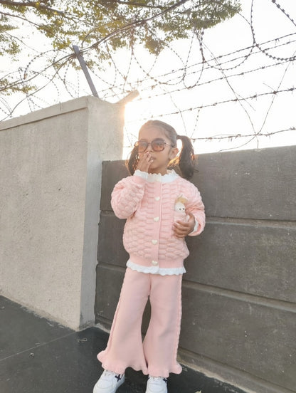 Sweet Bunny Knit 2-Piece Girls Winter Set – Pink Cardigan & Flare Pants Outfit