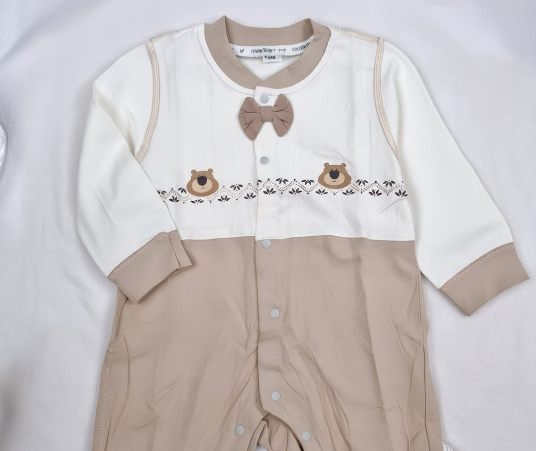 Cozy Bear Bow Full-Sleeve Baby Romper – Beige & Cream