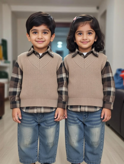 Classic Autumn 3-Piece Kids Outfit Set – Check Shirt & Knit Vest Edition