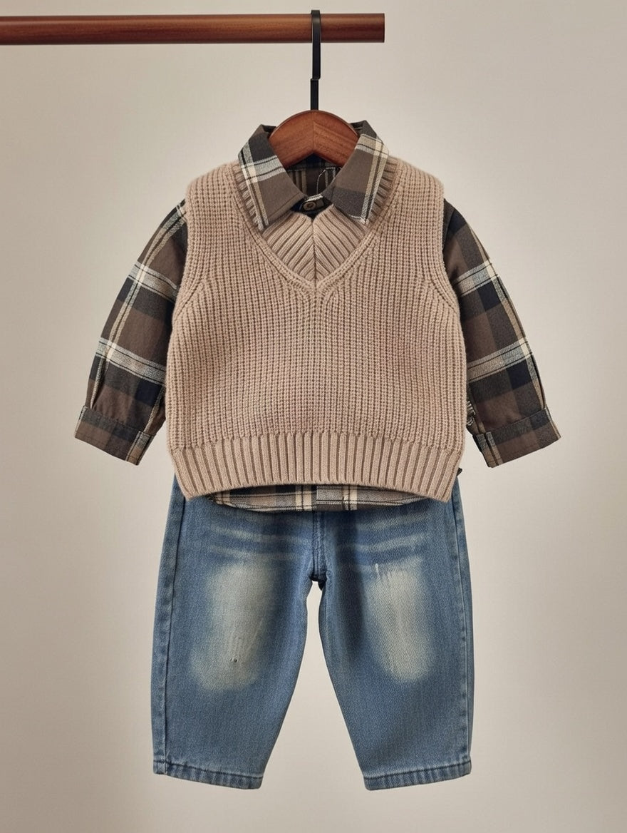 Classic Autumn 3-Piece Kids Outfit Set – Check Shirt & Knit Vest Edition
