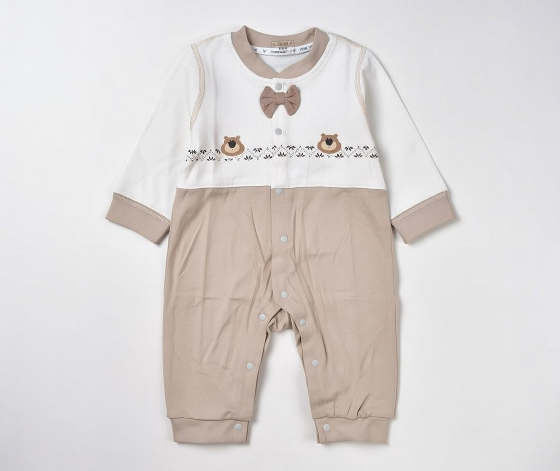 Cozy Bear Bow Full-Sleeve Baby Romper – Beige & Cream