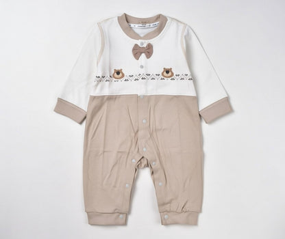 Cozy Bear Bow Full-Sleeve Baby Romper – Beige & Cream