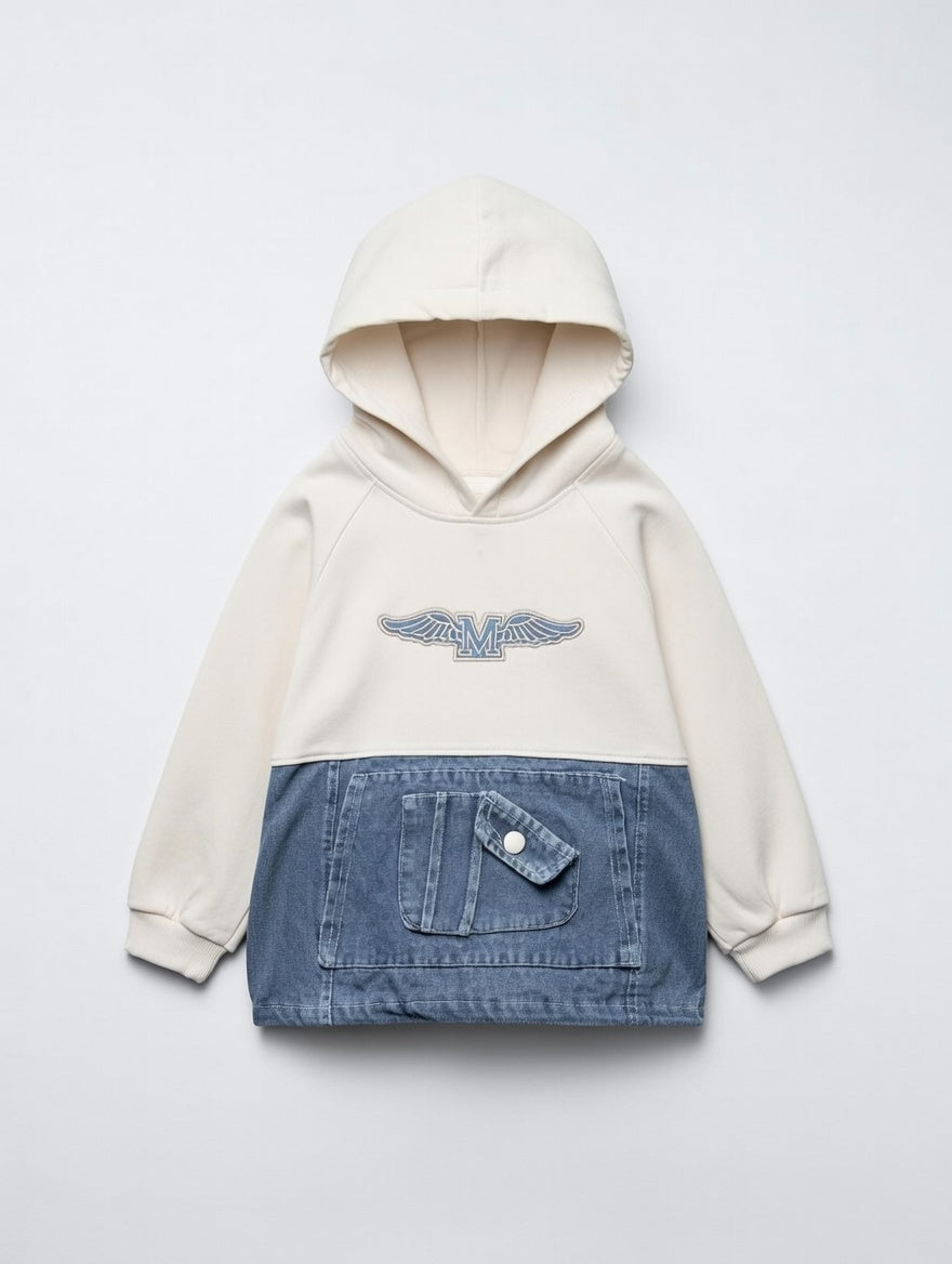 Urban Wings Denim Patch Hoodie – Cream & Blue Edition