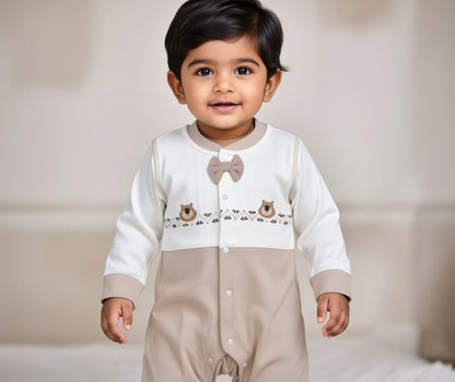 Cozy Bear Bow Full-Sleeve Baby Romper – Beige & Cream