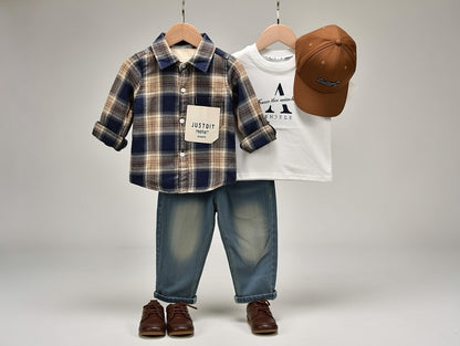 Cool Vibes 3-Piece Plaid Shirt & Denim Set