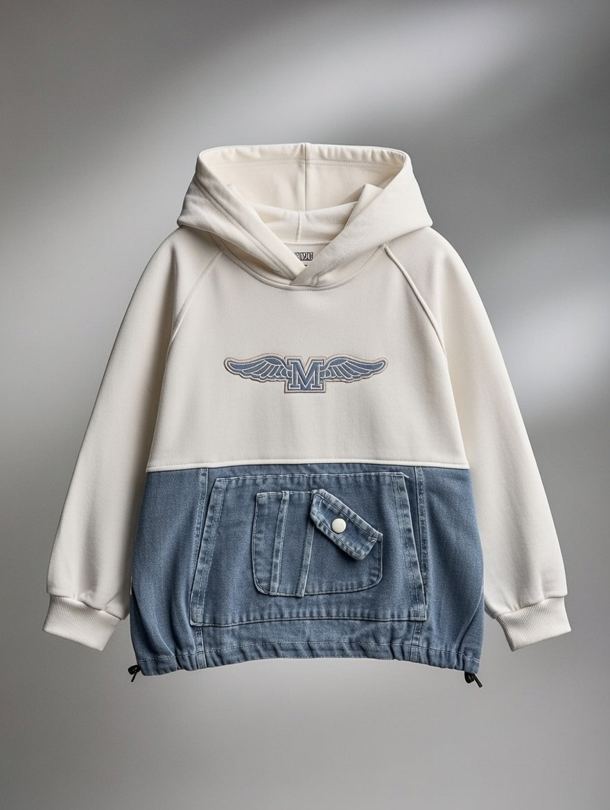 Urban Wings Denim Patch Hoodie – Cream & Blue Edition