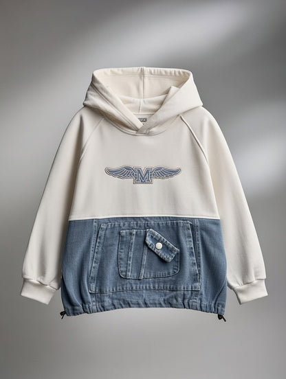 Urban Wings Denim Patch Hoodie – Cream & Blue Edition