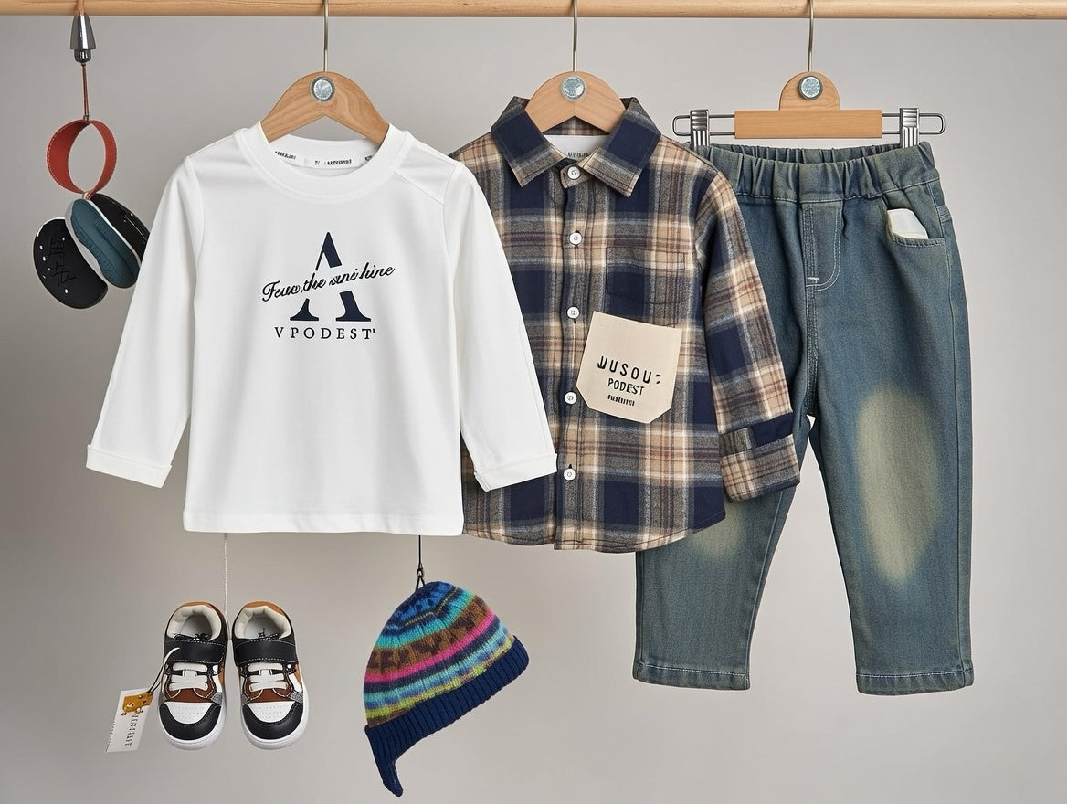 Cool Vibes 3-Piece Plaid Shirt & Denim Set