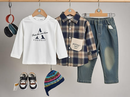 Cool Vibes 3-Piece Plaid Shirt & Denim Set